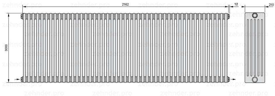 Схема (чертеж) Радиатор Zehnder Charleston 6300/47 №2670 Белый глянцевый RAL 9016